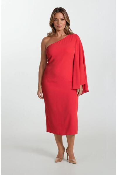 Spazio Clario Geniş Kesim Tek  Kol Uzun Abiye Elbise KIRMIZI