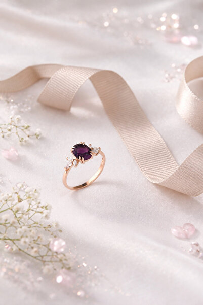 Siset Gümüş 925 Ayar Rose Kaplama Özel Tasarım Ametist Taşlı Sertifikalı Gümü...