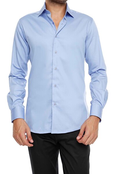 Efor Men's Slim Fit Classic Collar Cotton Satin Long Sleeve Blue Shirt Gk 214