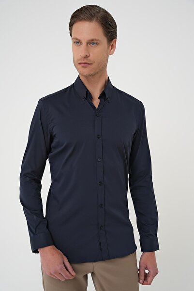 Efor Slim Fit Düğmeli Yaka Esnek Pamuk Klasik Lacivert Gömlek Gk 727