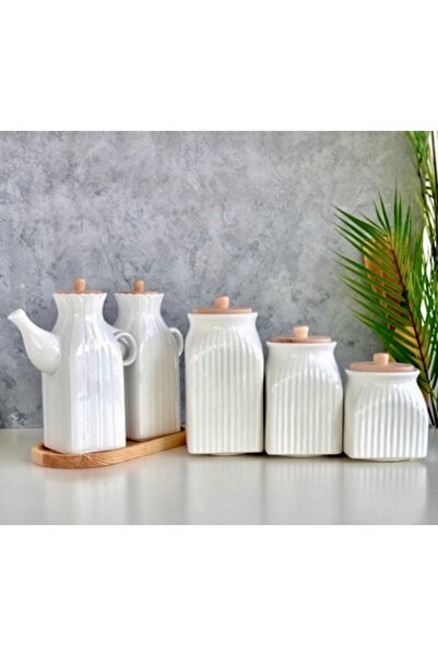 Pembelia Life 6 Parça Standlı Kare Porselen 1000ml Yağdanlık Ve 3'lu Çay Şeke...