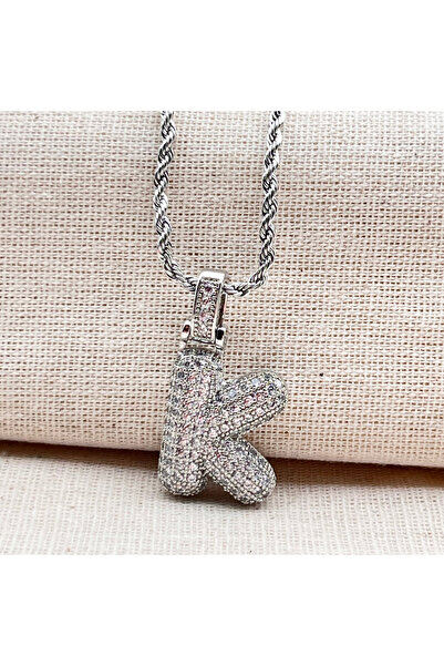 Siya Silver Zircon Stone Twist Chain Chubby Letter Balloon Necklace-Silver Color