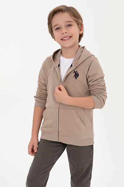 U.S. Polo Assn. Erkek Çocuk Koyu Bej Fermuarlı Kapüşonlu Sweatshirt 50316706-...