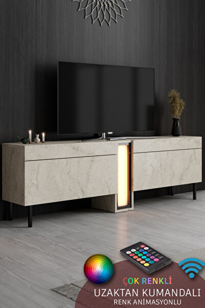 Modatte NOVA TV ÜNİTESİ LED IŞIKLI METAL AYAKLI MODERN TASARIM TRAVERTEN TV S...