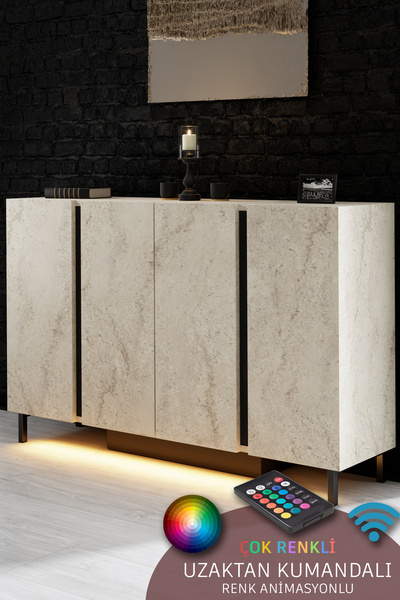 Modatte PARİS KONSOL LED IŞIKLI METAL AYAKLI MODERN TRAVERTEN TV SEHPASI