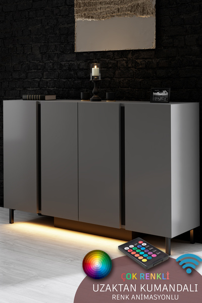 Modatte PARİS KONSOL LED IŞIKLI METAL AYAKLI MODERN ANTRASİT TV SEHPASI