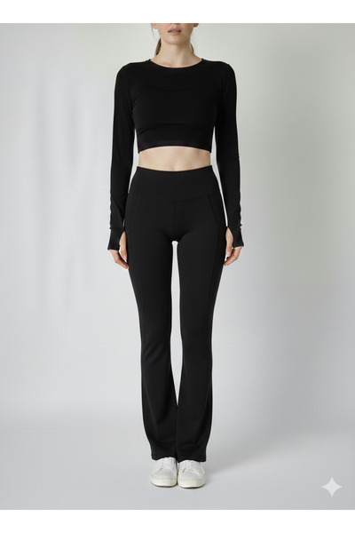jeneric Women's Black High-Waisted Shaping Double-Pocket Flared Leggings