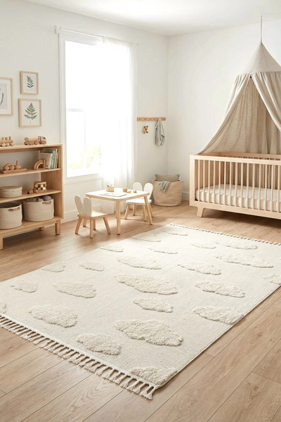 Eliz Home Bulut Desenli Krem Renk Dokuma Halı Bebek Odası Çocuk Odası Halısı 1