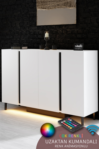 Modatte PARİS KONSOL LED IŞIKLI METAL AYAKLI MODERN BEYAZ TV SEHPASI