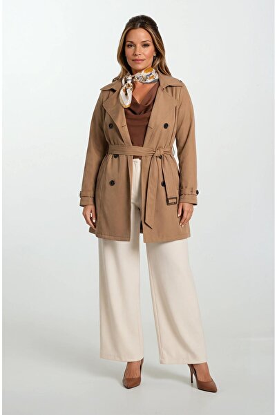 Spazio Pallaske Kruvaze Yaka Kuşaklı Cepli Trençkot TABA