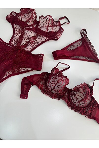 THE SECRET KİSS İKİLİ BORDO İÇÇAMAŞIR TAKIM VE BORDO BODYSUİT TRANSPARAN