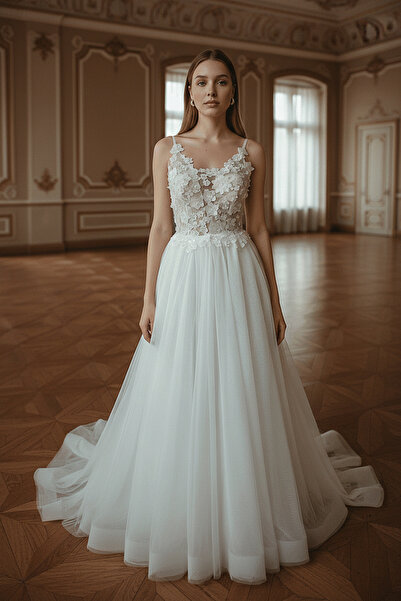 GÖKŞİN MODA A KesimKırık Beyaz 3D Hareketli Çiçekli Gipür Gelinlik