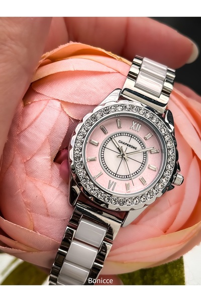 Chaperone Steel Strap, Cut Glass Patterned, Stone Elegant Wristwatch+bracelet