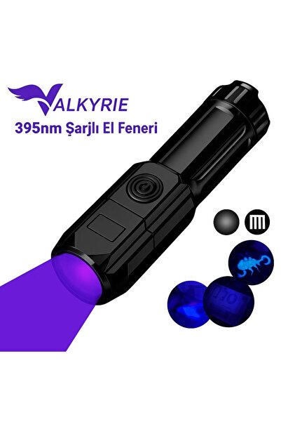 valkyrie 395nm UV Mor Işık Şarjlı El Feneri – 1200mAh Batarya, Type-C Şarj, H...