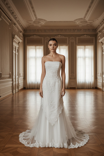 GÖKŞİN MODA Balık Model Gipür Işlemeli Düz Gelinlik