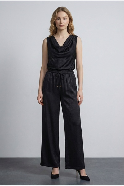 Quzu Beli Lace-Up Wide Leg Satin Trousers Black