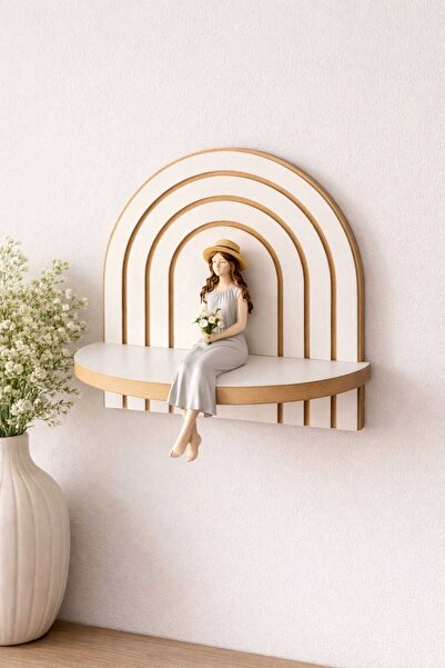 iDekor Oval Duvar Rafı - Gökkuşağı Formlu Minimal Duvar Rafı - Çizgili Lüks Raf