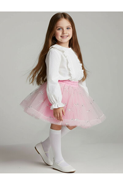 By Piera Сребърна тюл пола с флорален принт