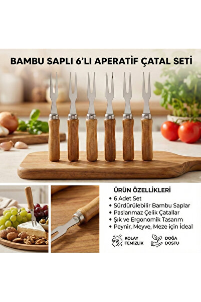 LOVYCO Bamboo Forks Bamboo Handle Mini 6-Piece Fruit, Olive Cocktail Fork