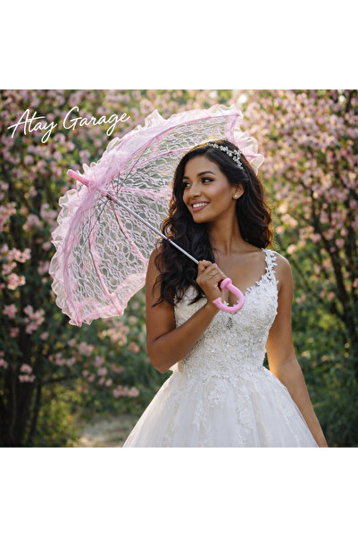 Atay Garage Şemsiye (Gelin-Düğün-Özel günler icin) Pembe Düz Renk Dantelli 60...