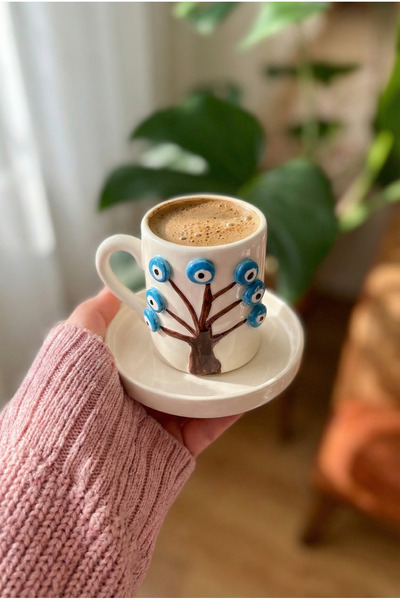 Loomart 2-Person 4-Piece Handmade Coffee Cup Set with Evil Eye Tree Figure