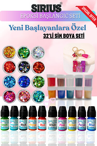Sirius Hobi Epoksi Reçine Başlangıç Seti–32 Parça Renkli Pigment+Mica Toz + S...