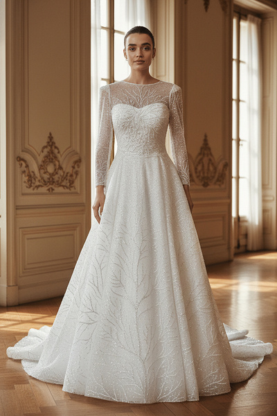 GÖKŞİN MODA Uzun Kollu Boncuklu Gipür İşlemeli Kırık Beyaz Gelinlik