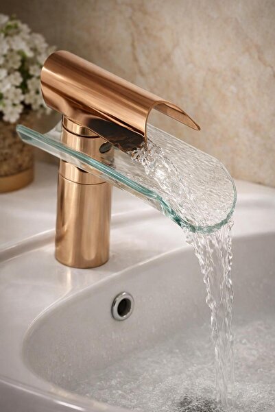 HT PRİMA Şelale Cam Lavabo Bataryası Rose Gold Renk Modern Tasarım Cam Çıkışlı