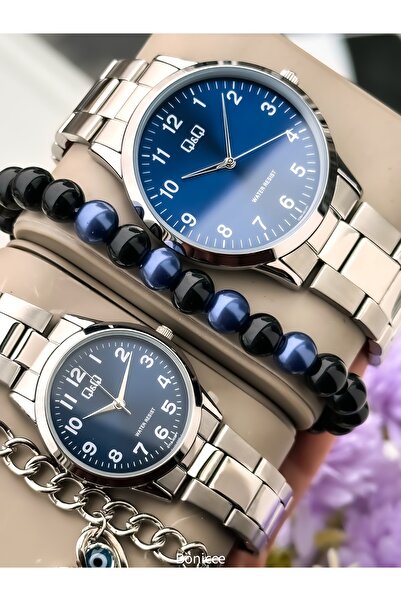 Q&Q Brand Silver Color Steel Band, Navy Blue Dial, Numeral Lover Watch + Brac...