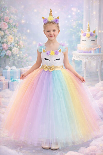 dilaydamla kids Unicorn Elbisesi Tarlatanlı Kabarık Taç Hediyeli