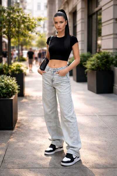 Trn JNS Avril Baggy Asit Yıkama Toka Detaylı Bol Kesim Geniş Paça Rahat Baggy...