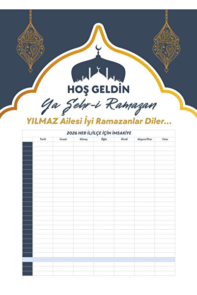 Metranya Aileler İçin Kişiye Özel Tasarım Ramazan İmsakiyesi 2026, 1 Adet Dij...