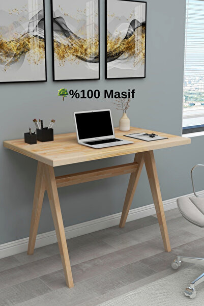 WOODFACE Masif Ahşap Masif Çalışma Masası 90x60 cm - Doğal Renk - Ağaç Ayak E...