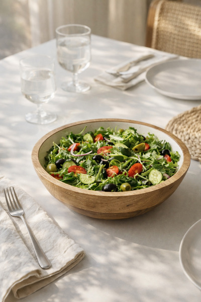 Bohemian Mango Wood & Enamel Salad Serving Bowl