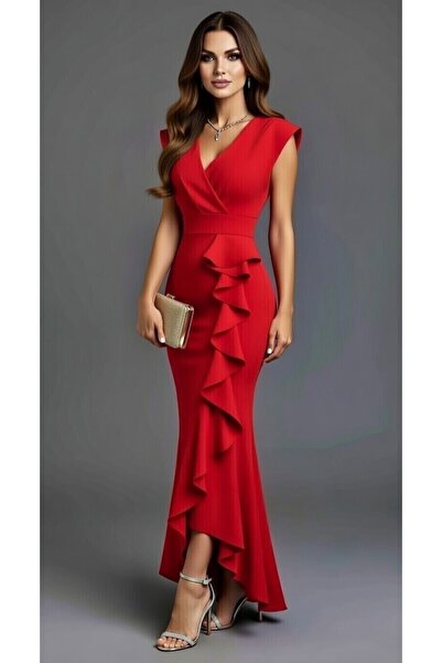 modakyra Fusta roșie cu decolteu dublu pentru femei Rochie de seară cu volan ...