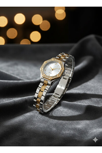 Butik Gold Silver Çelik Kordonlu Kristal Taş Detaylı Sekizgen Kasa Kadın Kol ...