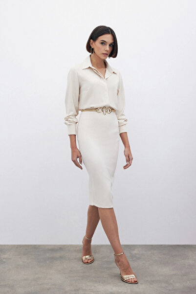 Sateen Stone Color Plain Pencil Skirt