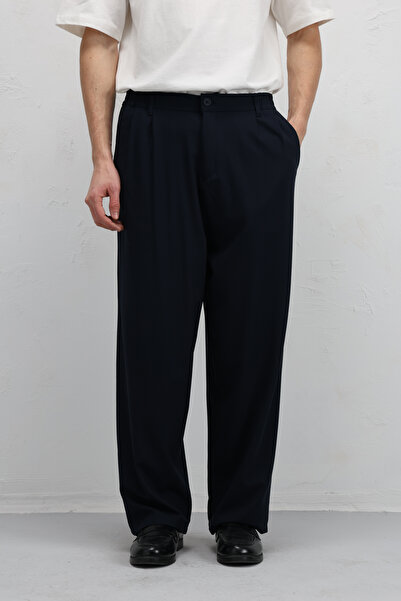 VAMOSCLO Baggy Fit Fabric Pants Navy Blue