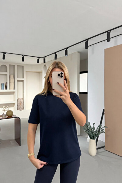 Sezgi Tekin Crew Neck Navy Blue Oversized Tok Modal Basic Tshirt