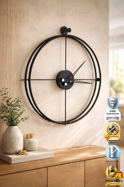 Wallover Design XL Boy La Clock PREMİUM 60x75 Mat Siyah Paslanmaz Sessiz Quar...