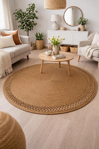 ModaCardin jüt Hasır görünümlü Desenli Modern El Örgüsü daire Halı Kilim