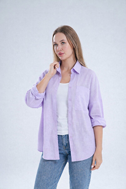 BYMEER Lila Flamlı %100 Pamuk Keten Gömlek