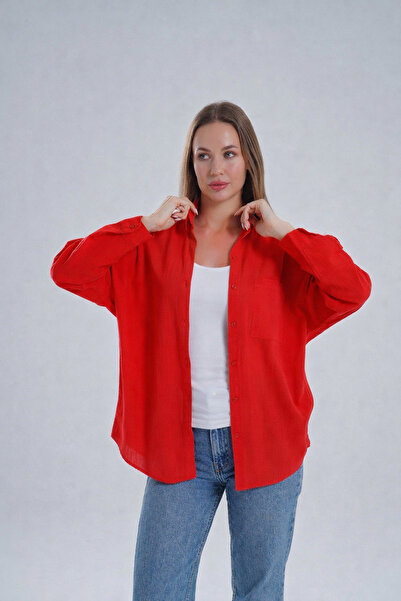 BYMEER Kırmızı Flamlı %100 Pamuk Keten Gömlek