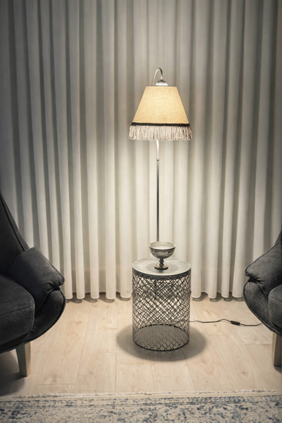 VENON Sehpalı Lambader Elips Gümüş Patine ⭐️Açık Gri Kumaş Şapka Gri Püsküllü...