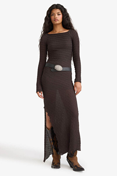DeFacto Kayık Yaka Bürümcük Brown Women's Dress F9249Ax/Bn130