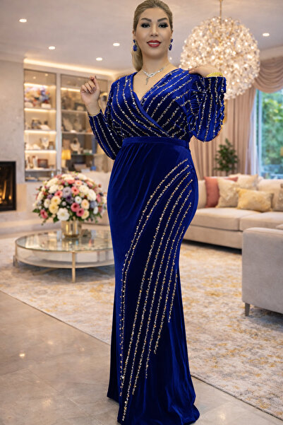 Yeşilmoda Evening Dress Women's Full Length Velvet Sequins and Stone Embroide...