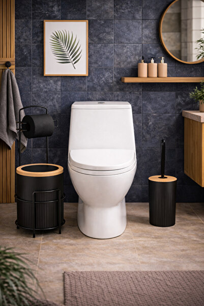decorev Modern Banyo Seti – Kapaklı Çöp Kovası, Tuvalet Kağıtlığı ve WC Fırça...