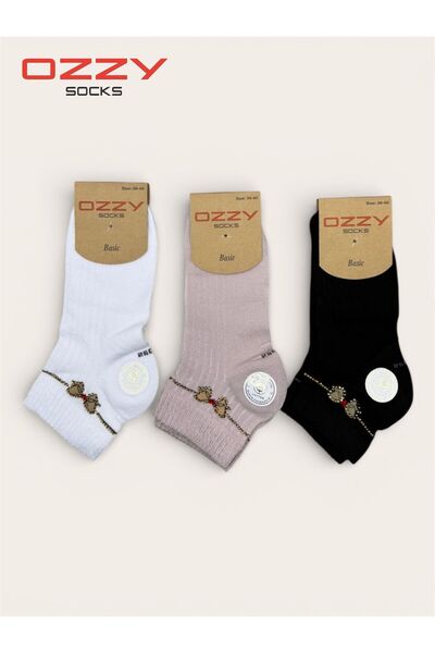 Ozzy Socks 3 Çift Kadın Taş Detaylı Dikişsiz & Takviyeli Patik Çorap