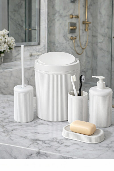 Tugomer 5 Parça Lüx Banyo Seti - Dekoratif Yuvarlak Pratik Kapak Çöp Kovası D...