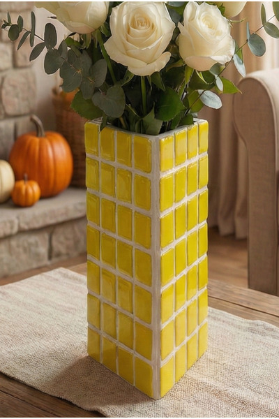 Tasarım El Yapımı Üçgen Mozaik Vazo |Dekoratif Prizma Seramik Vazo